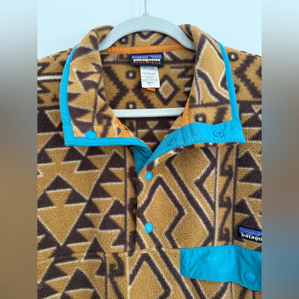 Patagonia Brown Tan Fleece Jacket Blue Trim Aztec Men’s Size S Women’s Medium - Picture 5 of 8
